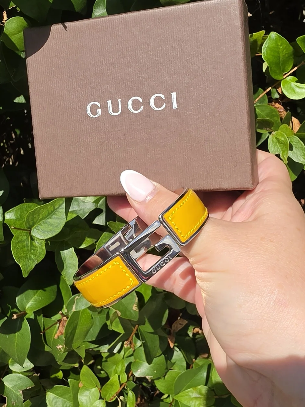 Gucci Leather G Hinge Bangle Mustard Color Silver-Tone Metal & Leather